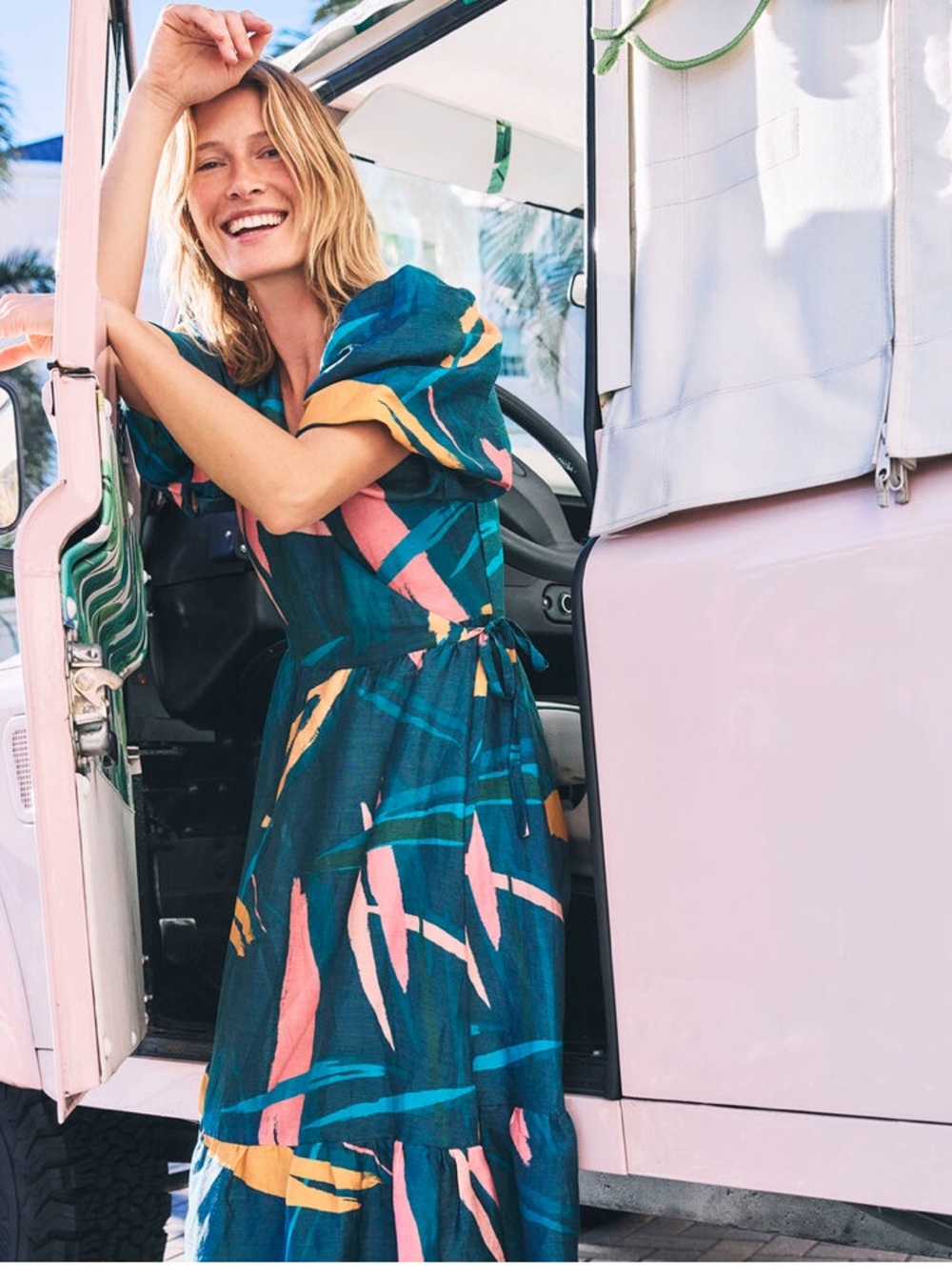 Vineyard Vines Teal Midi Wrap Dress with Pink and Gold Accents